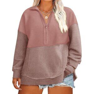 Plus Size Women's Fall Sweatshirt Casual Waffle Knit Pullover with Pockets